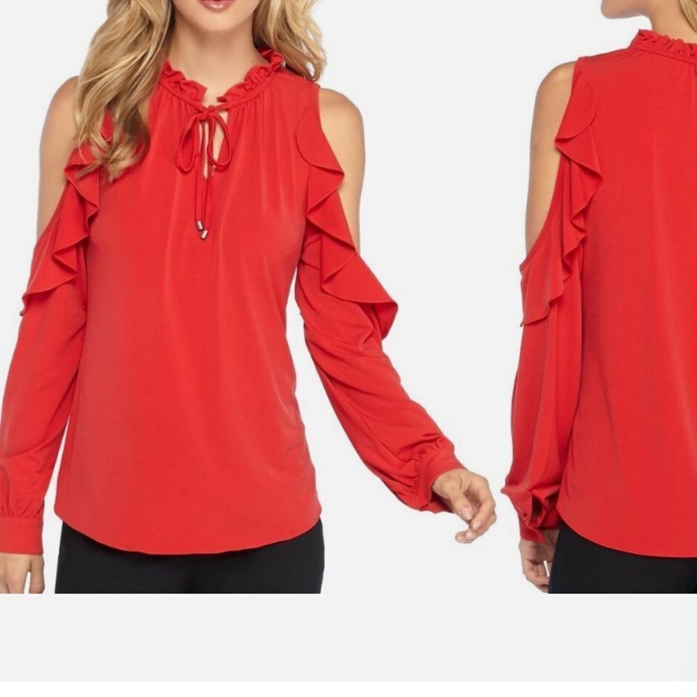 The Limited Red Cold-Shoulder Ruffled Tie Front Blouse. Size L